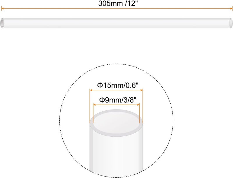 Rebower 12" Clear Plastic Rigid Pipe 9mm ID x 15mm OD (3/8" ID x 0.6" OD) Acrylic Round Polycarbonate Tubing, [for Plumbing, Hydraulics, Pneumatics, Aquarium] - Image 2